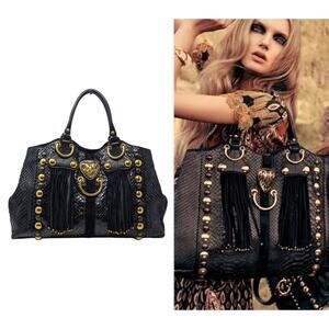 Gucci Babouska Hysteria Fall 2008 tote snakeskin fringe large black gold Y2K